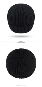 Detail view of black ribbed knit beanie showing rear stitch and top star-shaped seam
