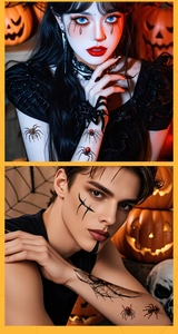 Detail of 3D spider and web temporary tattoos on male and female models for Halloween