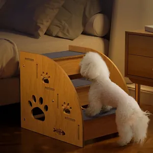 Three-layer solid wood pet stairs with grey anti-slip pads for small dogs and cats
