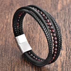 Men's double-layer black braided leather bracelet with red beads and silver magnetic clasp