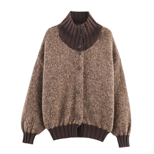 Women Chunky Knit Cardigan Sweater High Neck Button Down Vintage Loose Long Sleeve Colorblock Marl Warm Casual Top