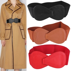 Women wide elastic corset belt set in black, red and brown with faux leather bow buckle