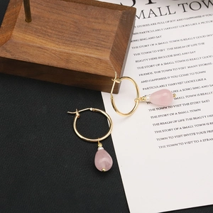 Elegant gold hoop earrings featuring pink crystal teardrop charms and white pearls
