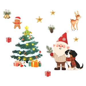 Festive Christmas wall stickers with watercolor Santa gnome, reindeer, and tree