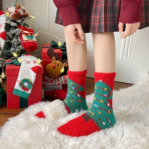 Christmas warm coral fleece mid-tube socks with festive red green tree patterns