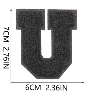 Detailed view of black chenille letter U patch with precise 7x6cm size measurements