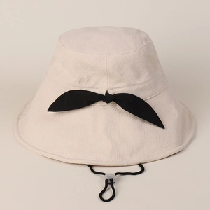 Wide Brim Bucket Hat Women Linen Cotton Blend Sunshade Foldable Bowknot Casual Summer Beach Sun Hat Adjustable Strap