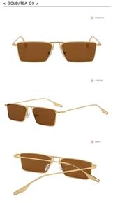 Three views of gold metal rectangle sunglasses with tea lenses showing front and side angles