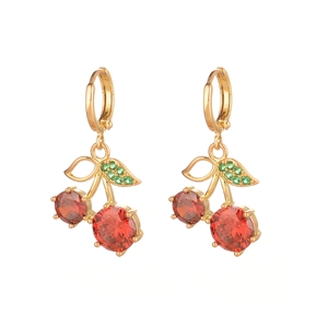 Elegant gold cherry earrings with red round crystals and green zircon leaves decoration
