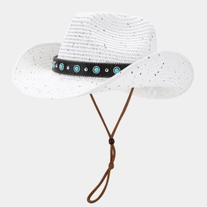 White straw cowboy beach hat with turquoise beads and black leather trim for women