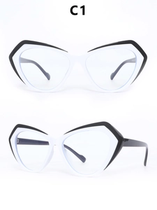 Detail view of geometric cat eye glasses with black and white double-layer frame design
