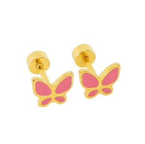 Macro shot of gold butterfly earrings with pink enamel finish on white background