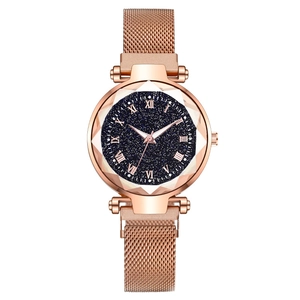 Starry Sky Quartz Watch Milanese Mesh Magnet Band Roman Numerals Faceted Glass Geometric Case Elegant Ladies Wristwatch