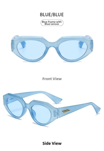 Detailed front and side views of light blue cat-eye sunglasses with gold metal trim