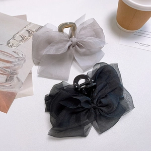 Elegant large grey and black mesh bow hair claws for women, stylish shark hair clips