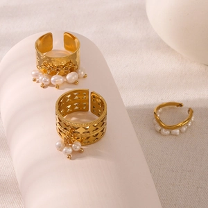French vintage 18K gold plated stainless steel open rings with natural pearl pendants