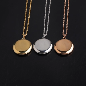 Polished stainless steel round locket necklaces in gold, silver, and rose gold finishes