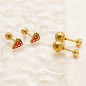 Watermelon slice stud earrings and simple gold bead studs set on white background