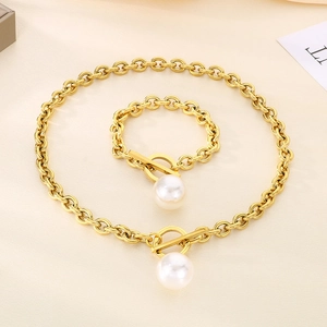 Fashion gold titanium steel OT toggle necklace and bracelet set with large pearl pendant