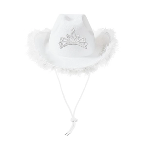 White western cowboy hat with crown tiara and fluffy feather trim for party decor