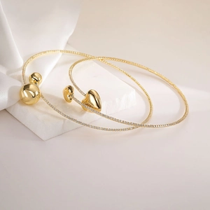 Vintage Copper Gold Plated Jewelry Heart Round Bead Choker Necklace Open Bracelet For Women Zirconia Inlaid Fashion Accessory