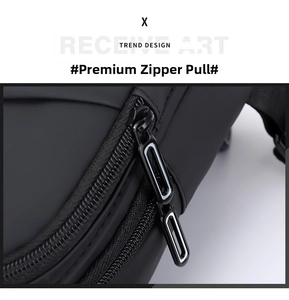 Close-up of smooth double zipper system and stylish metal pullers on black chest bag