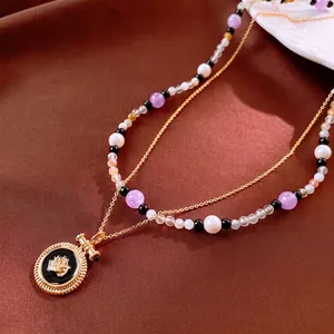 Collier Pendentif Fleur De Rose Vintage Double Couche Cuivre Plaqué Or Émail Charme Avec Chaîne Perlée Künstliche Perles Pour Femmes