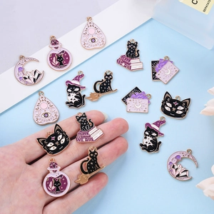 Enamel cat magic book charms set for DIY earrings and necklaces in black and purple