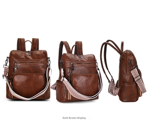 Three-angle view of a dark brown vintage backpack with bohemian woven straps and tassels