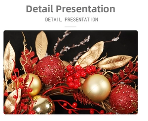 Close-up of red glitter balls and golden leaves on a festive Christmas wreath decoration