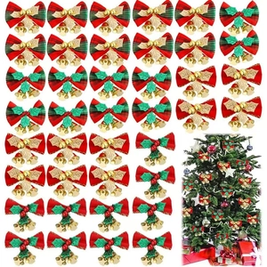 Set of 32 Christmas decorative bows with bells in red, green, gold and plaid patterns