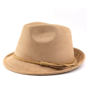 Unisex camel suede western cowboy hat with curved brim and decorative tassel band
