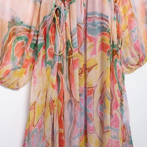 Loose chiffon midi dress with colorful abstract print and drawstring lantern sleeves