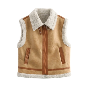 Women's camel faux leather vest with shearling collar and trim in a flat lay view