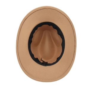Interior view of tan wool felt fedora hat showing inner sweatband and crown part