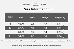 Guide des tailles pour body en PU femme indiquant poitrine, taille et longueur en cm