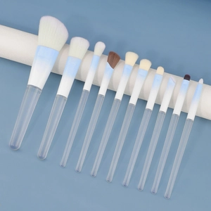 Professional 11pcs gradient blue makeup brush set with transparent handles for full face