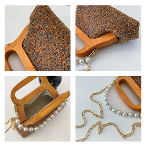 Detail shots of tweed texture, wooden handle and pearl chain on vintage evening bag