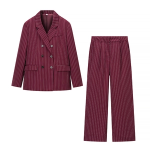 Women's burgundy pinstripe suit with double-breasted blazer and straight-leg trousers