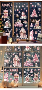 Pink Christmas window decals featuring Santa, reindeer and snowman on a glass window