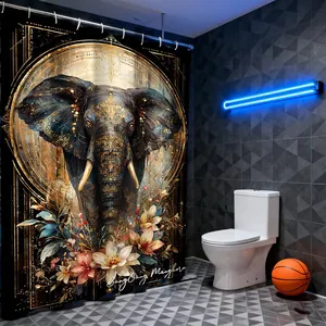 Detail of artistic black and gold shower curtain with ornate elephant and floral patterns