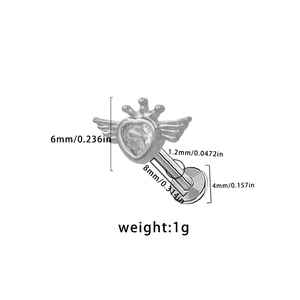 Detailed size chart for heart-shaped crown labret stud with wing design in silver finish