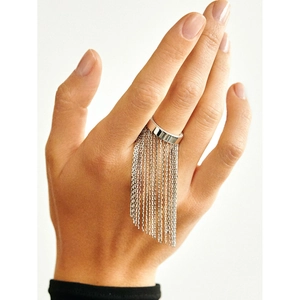 Detail of silver tassel chain ring in stainless steel worn on finger with white background