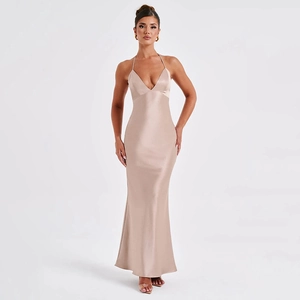 Elegant champagne satin evening dress with a sexy deep V-neck and slim fit design
