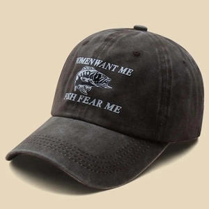 Vintage charcoal grey washed baseball cap with white Women Want Me fish embroidery