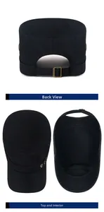 Detail view of black military flat top hat featuring adjustable metal buckle and vent holes