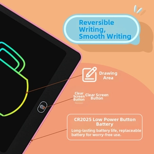 Detail of pink LCD writing tablet showing rainbow strokes and CR2025 battery compartment