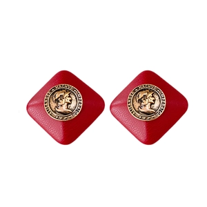 Retro red faux leather rhombic earrings with golden embossed coin and silver needles