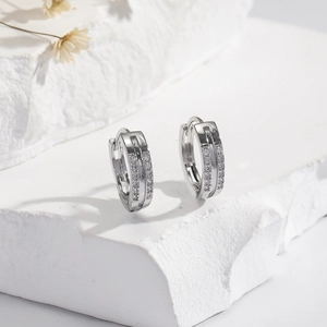Copper Hoop Earrings With Double Row Zircon And Silver Earring Post Minimalist Sparkling Jewelry For Men And Women