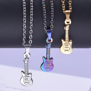 Minimalist stainless steel guitar necklaces in silver, rainbow, and gold finishes